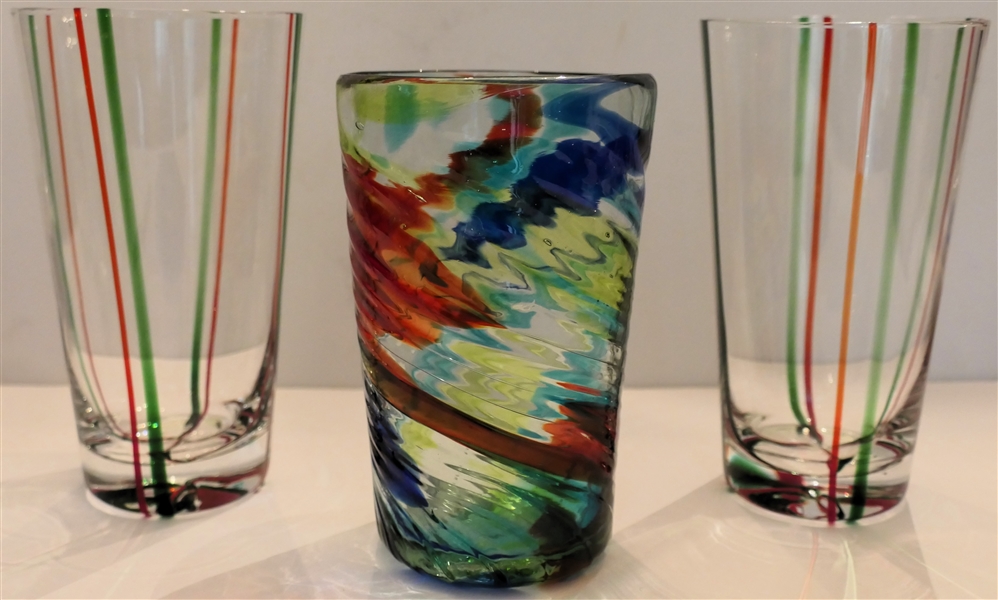 2 Red and Green Art Glass Iced Tea Glasses and Thick Hand Blown  Multi Color Art Glass Iced Tea - Red and Green Measure 6 1/4" 