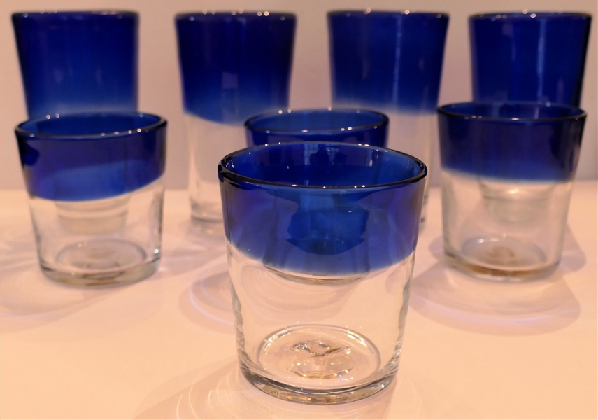 8 Cobalt Blue and Clear Glasses - 4 6 1/2" Tall Iced Tea Glasses  and 4 3 3/4" Tall Tumblers 