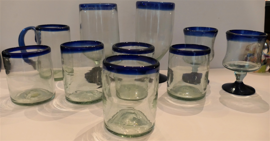 10 Handblown Glasses with Cobalt Blue Trim - Mugs, Footed Iced Teas, and Tumblers - Iced Tea Glasses Measure 7" Tumblers 4"