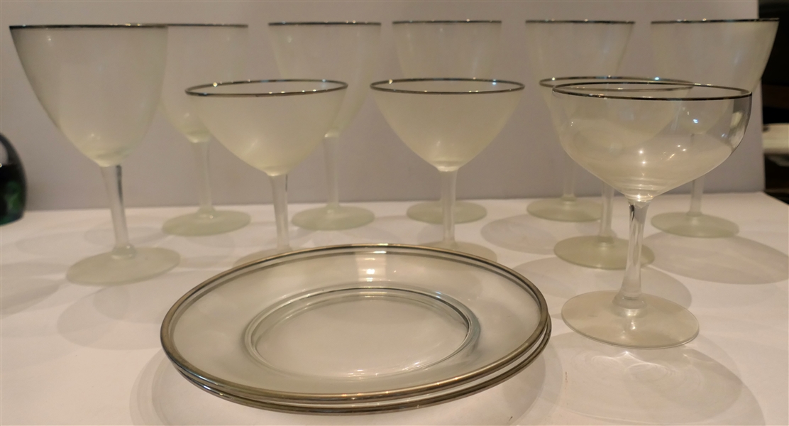 12 Pieces of Fostoria Crystal with Platinum Trim - Champagne Coupes, Wine Glasses, and Dessert Plates 