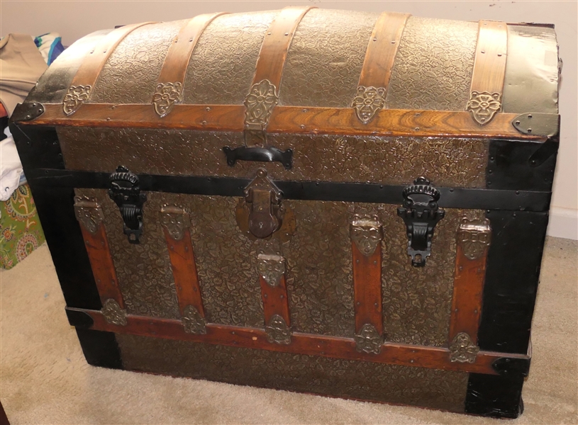 Nice Antique Round Top Trunk with Tray - Missing Handles - Very Clean Inside and Out - NO CONTENTS - Trunk Measures 24" Tall 34 1/2" by 19" 