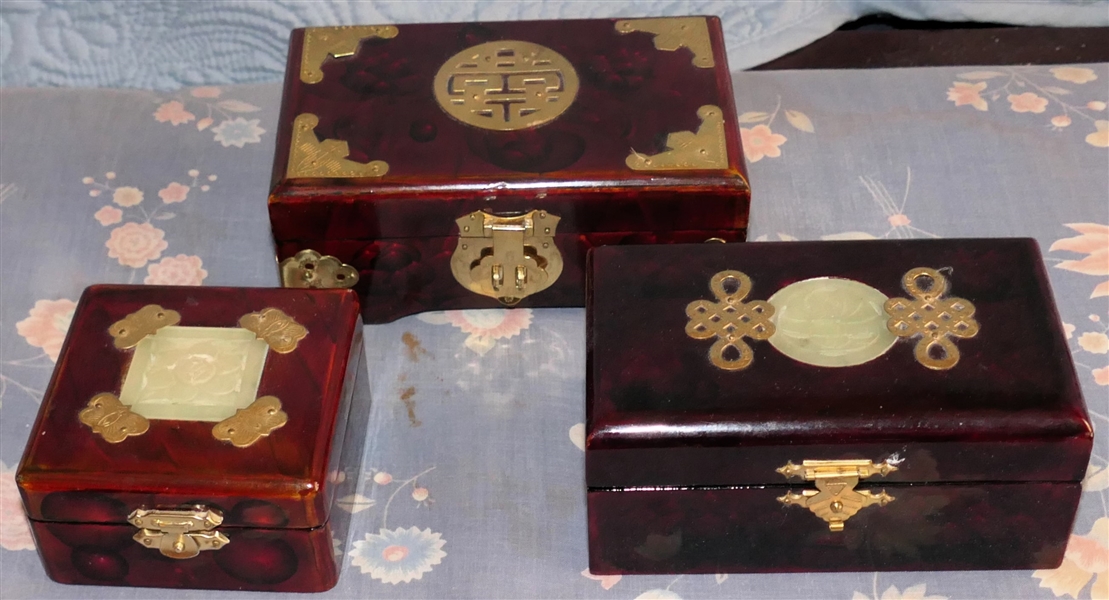 3 Asian Jewelry Boxes / Dresser Boxes - 2 With Jade Inlay, All 3 Have Brass Accents - Largest with Brass Medallion on Top Measures 2" Tall 6" by 4" 