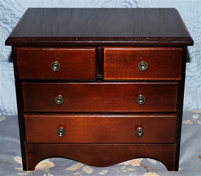 Mahogany Finish Dresser Top Jewelry Box with Costume and Some Sterling Silver Jewelry - Jewelry Box with Velvet Lined Drawers - Top Divided For Rings - Box Measures 8" Tall 9" by 6"