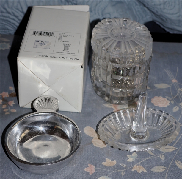 Galway Crystal Ring Holder, Crystal Dresser Box,  Mikasa Crystal "Titan" Mini Vase in Original Box, and Small Pewter Dish with Shell Handle 