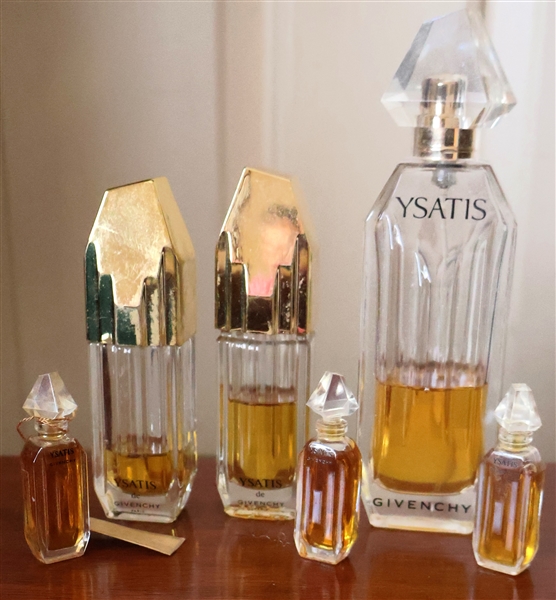 6 Bottles - Ysatis de Givenchy Perfume - 2 Partial with Gold Tops, Partial with Clear Top, and 3 Full 4ML Bottles  - One with Original Hang Tag 