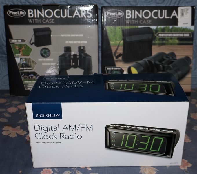 2 Pairs of Fine Line Binoculars with Cases in Original Boxes and Insignia Digital AM/FM Clock Radio - New in Original Box 