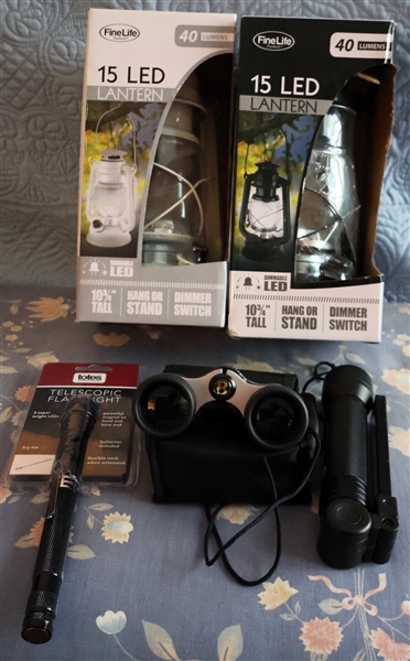 Bushnell 4 x 30 Binoculars, Defiant Multi Use Flashlight, Totes Telescopic Flashlight, and 2 Fine Line 40 Lumens LED Lanterns - New in Boxes