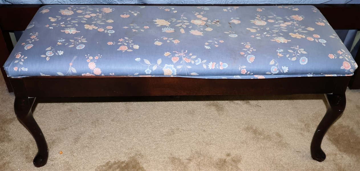 Mahogany Finish Queen Anne Style Dressing / Bed Bench - Blue Floral Upholstered Seat - Bench Measures 43" by 18" 