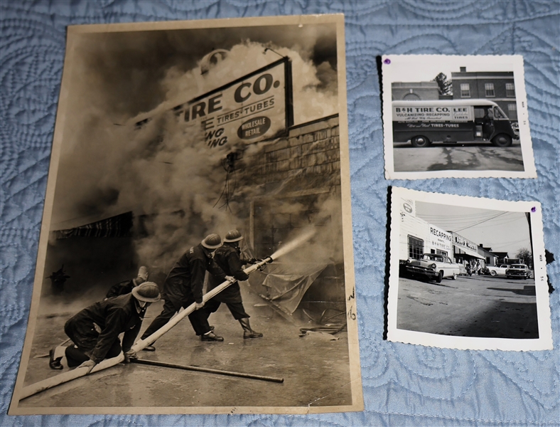 3 Durham NC Photographs - 8" by 10" for Fire Fighters Fighting a Fire at a Tire Company and 2 1956 Photographs of the Tire Company and Tire Van - "B&H Tire Co."  - 8" by 10" Photo by Jim Thornton...