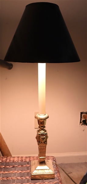 Brass Candle Stick Lamp with Lions Heads - Nice Black Shade - Lamp Measures 24" Tall 