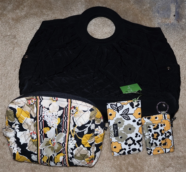 Classic Black Vera Bradley Bag with Removable Strap. Black and Yellow Cosmetic Pouch, "Go Wild" Checkbook Cover, and "Go Wild" Card Holder Key Ring - 