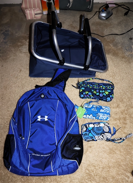 Like New Under Armor Backpack, Folding Market Basket, and 3 Vera Bradley Blue Patterned Wallets/ Wristlets including "Blue Lagoon" Pattern