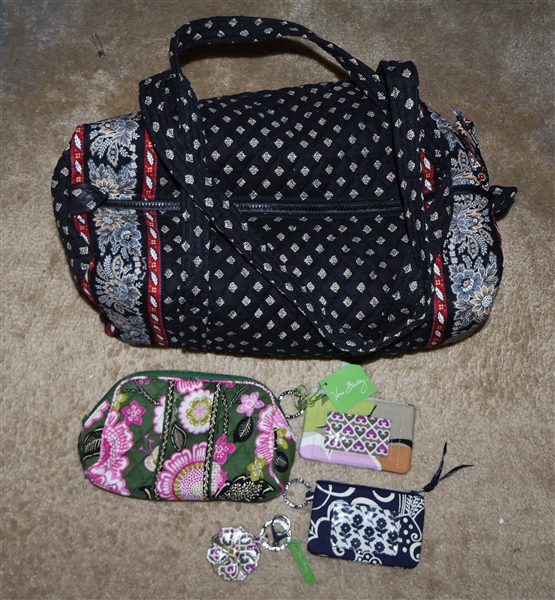 Lot of Vera Bradley Pieces including Black and White Duffel, Cosmetic Pouch, Key Fob, and 2 Card Pouches