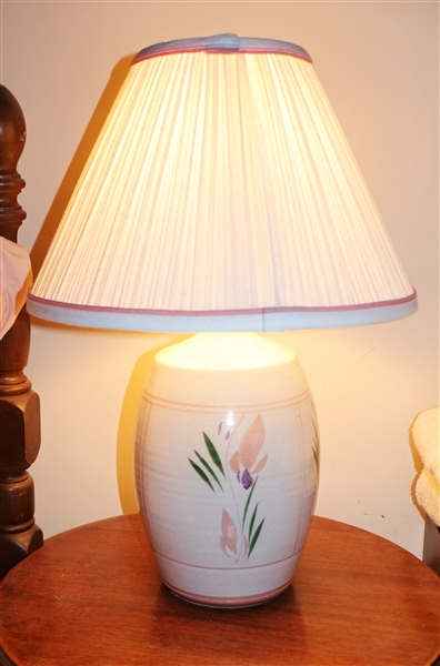 Pair of California Ceramic Designers Inc. Table Lamps with Pink Iris Flowers  - Pleated Shades with Pink Trim - Each Lamp Measures 20" Tall  - Pictured Separately 