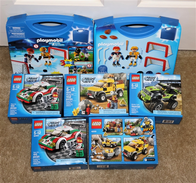 7 New Unopened Lego and Playmobil Building Sets - Lego City - Race Car, Mining 4x4, Race Car, Monster Truck, Mining 4x4, and 2 Playmobil Sports & Action Sets