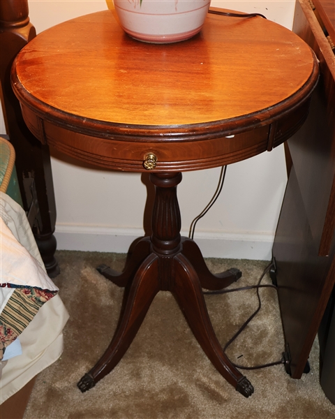 Round Mahogany Duncan Phyfe Style Table with Single Drawer - Brass Claw Feet - Table Measure 24 1/2" Tall 18" Across