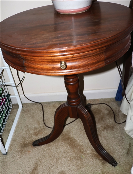 Round Mahogany Duncan Phyfe Style Table with Single Drawer - Brass Claw Feet - Table Measure 24 1/2" Tall 18" Across