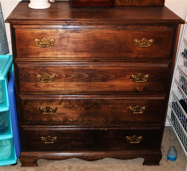 4 Drawer Oak Finish Chest - Brass Hardware - Chest Measures 38" tall 36" by 18" 