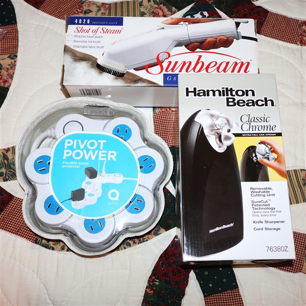 Hamilton Beach Classic Chrome Electric Can Opener, Sunbeam Garment Steamer, and Pivot Power - Flexible Surge Protector - All New in Original Boxes / Packaging 