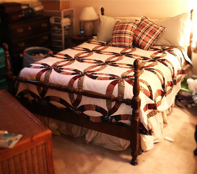 Full Size Bed with Wood Head and Foot Boards - Turned Posts and Cross Rails - Double Wedding Ring Spread  and All Bedding Included 