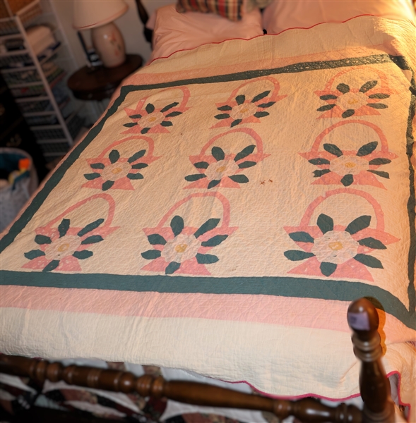 Very Thin Hand Stitched and Quilted Appliqued Flower Basket Quilt - Pink Baskets with Applied Cream Flowers and Green Leaves -Scalloped Edges with Pink Trim - Some Overall Wear - 1 Hole in Center-...