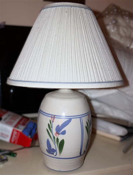 California Ceramics Inc. Ceramic Lam with Blue Iris Flowers -Pleated Shad with Blue Tri m - Lamp Measure 20" Tall 