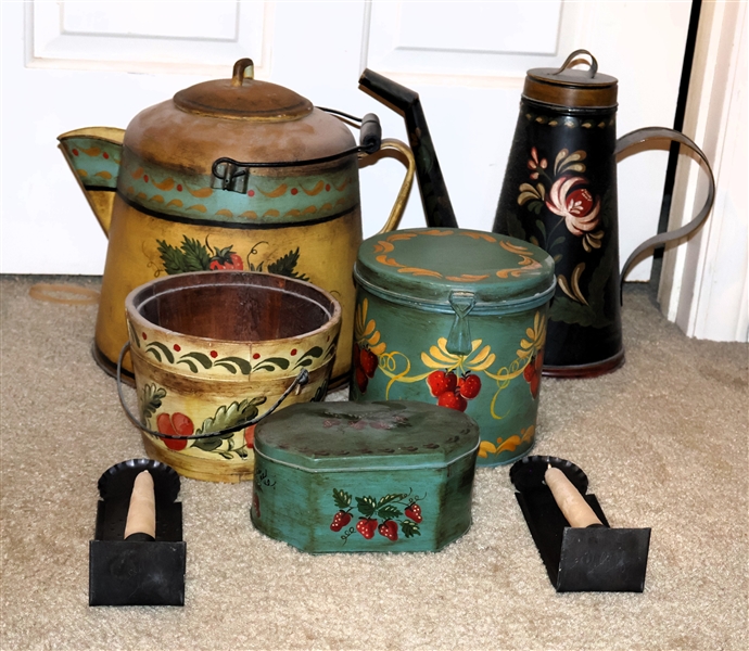 7 Handpainted Pieces Signed Louise Adkins -  Hand Painted Wood Bucket, Texas Tea Pot with hand Painted Strawberries, Strawberry Tin, Large Kettle with Hand Painted Flowers, and Pair of Candle...