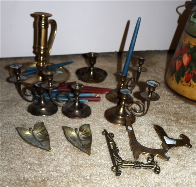 Collection of Brass Items including Candle Sticks, Hammered Brass Rose Bowl, 2 Virginia Metalcrafters Calla Lily Leaves, and Brass Plate Stands - Largest Chamberstick Measures 7 1/2" Tall 