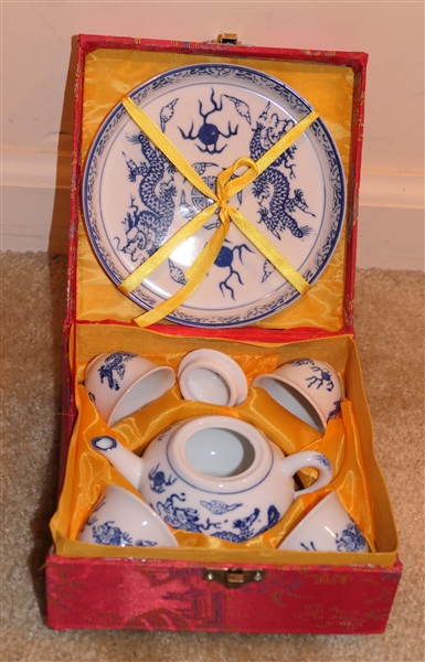 Chinese Blue and White Miniature Tea Set in Original Fitted Box - Tea Pot, 4 Cups, and Underplate 