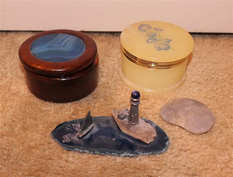 Carved Alabaster Trinket Box, Wood Box with Agate Stone Inlaid Top, Heart Rock, and Blue Agate Stone with Pewter Light House and Sailboat - Alabaster Box with Iris Flowers Measures 2" by 3" 