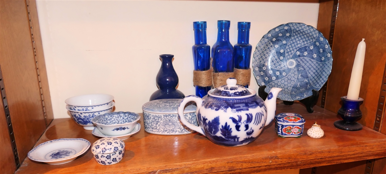 Shelf Lot of Crystal including Candy Dish, Low Bowl, Perfume Bottle (Missing Stopper), Etched Champagne Coupes, and 2 Jamestown 8 1/2" Bud Vases 