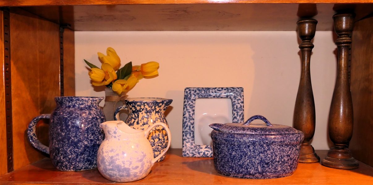 Shelf Lot of Blue and White Spongeware - Pitchers, Small Tureen, Blue and White 4"by 6" Frame, and Pair of 11" Turned Wood Candle Sticks