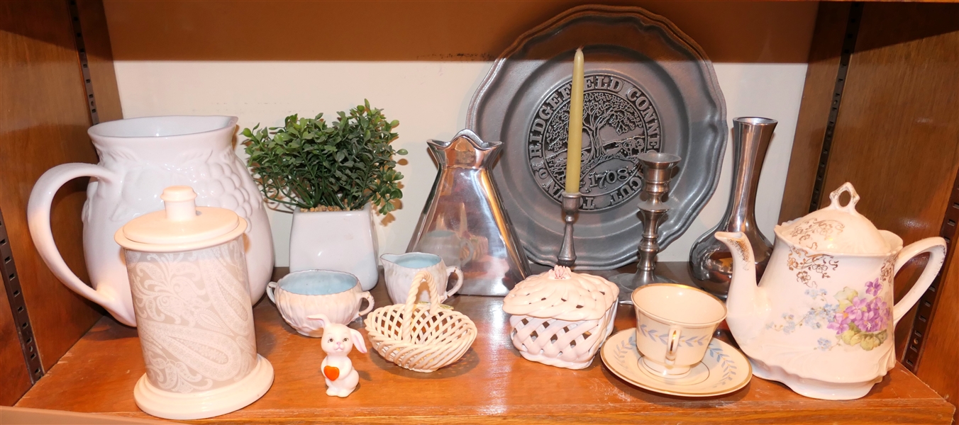 Shelf Lot including Castleton China Cup & Saucer, Ralph Lauren Jar with Lid, Pewter Vases and Candle Sticks, Ridgefield Connecticut Pewter Plate, and Pierced Porcelain Basket 