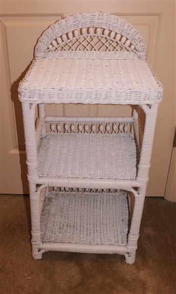 Wicker 3 Tier Stand -White Painted  Measures 33" tall 15" by 12" - Few Broken Areas - See Photos