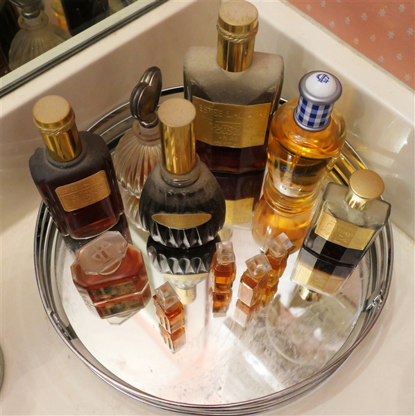 Round Mirrored Dresser Tray Full of Perfume and Cologne including Ysatis by Givenchy 4ML Bottles, Joy by Jean Patou, Several Youth Dew Cologne by Estee Lauder, Gingham Cologne by Bath and Body...