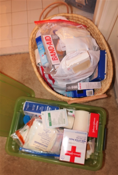 Basket and Storage Box Full of First Aid Supplies - Band Aids, Tape, Non Stick Pads, Gauze, First Aid Kits, Etc. 