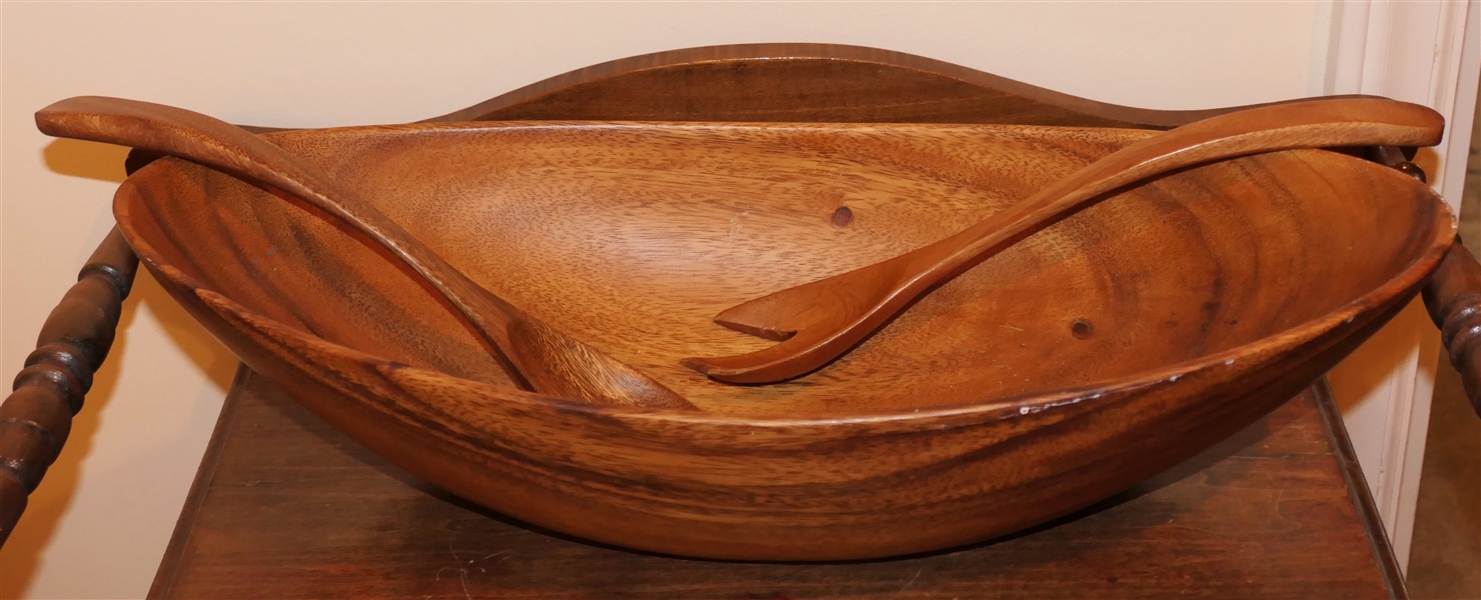 Philippines Hand Carved Dough Bowl and Salad Tong Set - Fair Trade Made in Philippines - Monkey Pod Wood - Bowl Measures 19" by 8" 