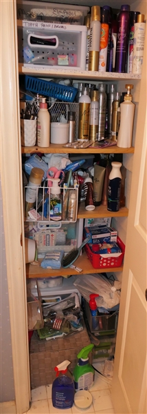 Bathroom Closet Lot FULL of New Beauty Supplies - Bumble and Bumble Hair Spray, Pantene, Nexus, Fist Aid Supplies, Make up Products, Tooth Paste, Soaps, Razors, Bags, Air Fresheners, Tooth Brushes...