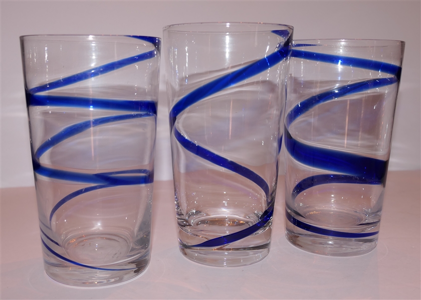 3 Cobalt Blue Swirled Tumblers - Hand Made - Each Measures 6 1/4" Tall 