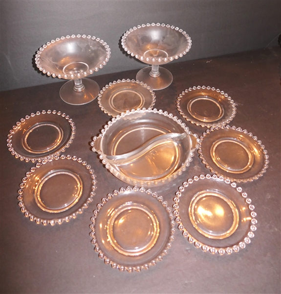 10 Pieces of "Candlewick" Glass - 2 4" Compotes, Divided Bowl, and 7 4 1/2" Saucers