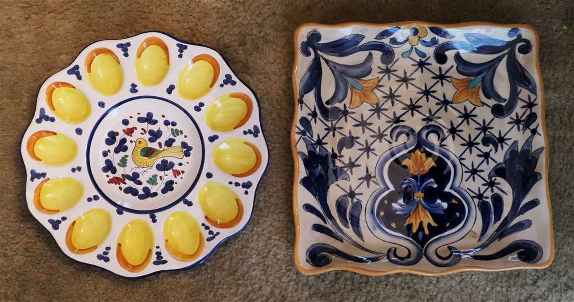 Hand Painted Italian Egg Plate and Hand Painted Square Plate by Maxcera - Egg Plate Measures 11 1/4" Across