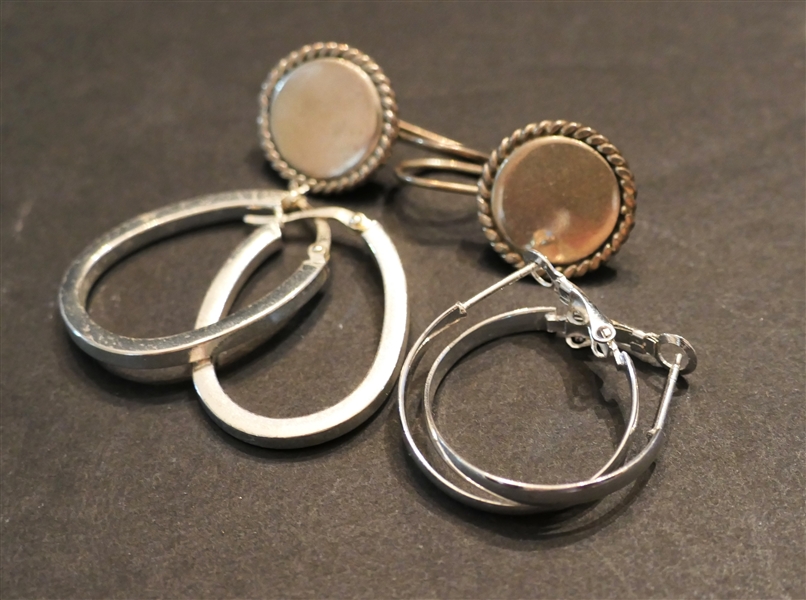 3 Pairs of Sterling Silver Earrings - Elongated Hoops, Round Hoops, and Sterling Silver Disc Drop Earrings