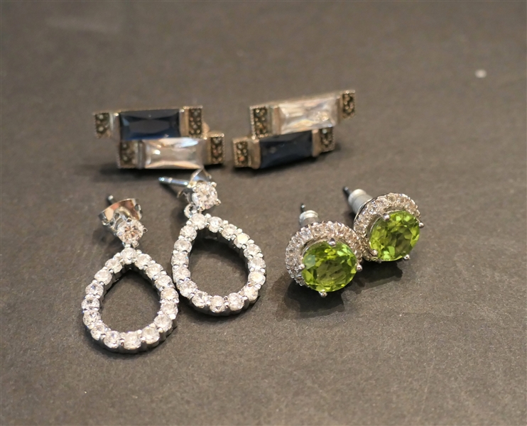 3 Pairs of Fancy Sterling Silver Earrings - Peridot Earring with CZ Halos, Oval Drop CZ Earrings, and Pair with Black and White Rectangular Stones