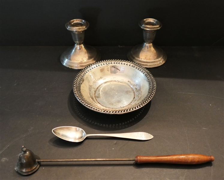 Sterling Silver Lot including Gorham Weighted 3" Candle Sticks, Sterling Silver AII 5 1/2" Bowl, Morse Coin Silver Spoon, and Sterling Silver Candle Snuff with Wood Handle - Tops of Candle Sticks...