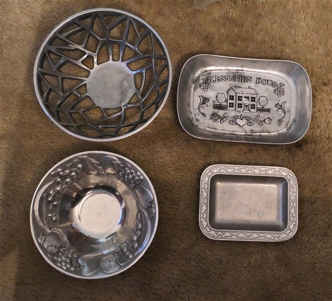 4 Pieces of Wilton Armetale - Symphony Pierced Basket, Fruit Bowl, Bless This House Tray, and Other Small Tray 