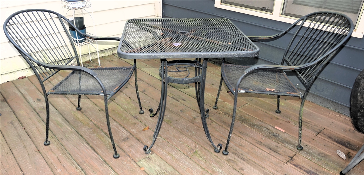 Wrought Iron Patio Table with 2 Arm Chairs - Table Measures 29 1/2" Tall 28" by 28" 