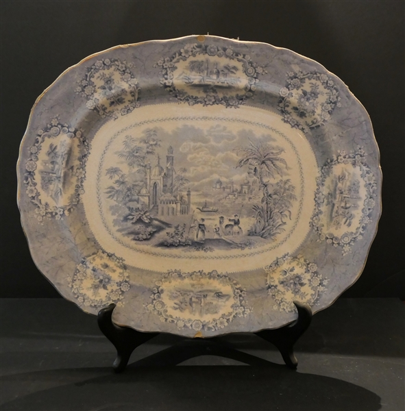 Blue Transferware Platter - Measures 15 1/4" By 12 1/4" - Some Small Chips Around Edges