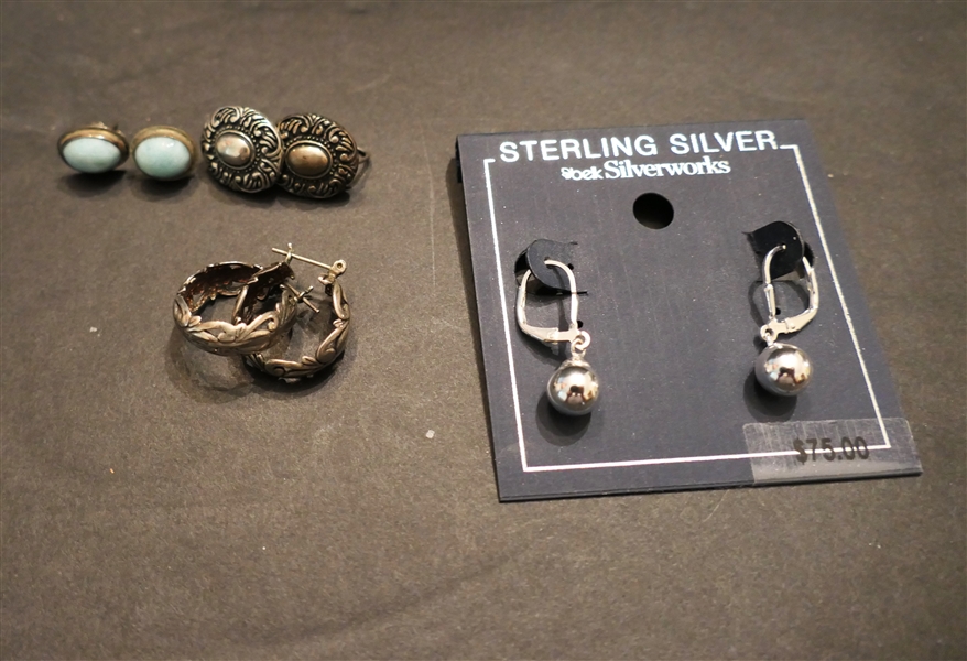 4 Pairs of Sterling Silver Earrings including New Silverworks, Jade Studs, and Scrolled Hoops 