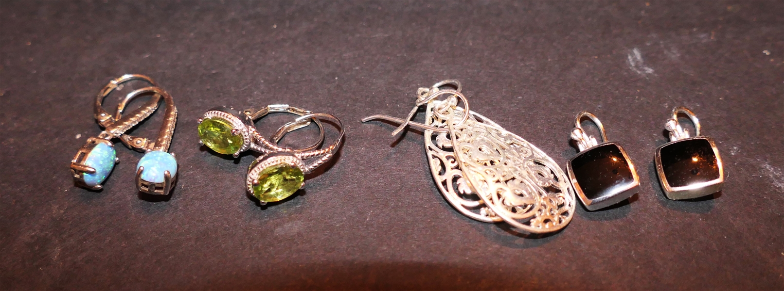 4 Pairs of Sterling Silver Earrings - Filigree Earrings, Opals, Black Onyx, and Peridot Drop Earring