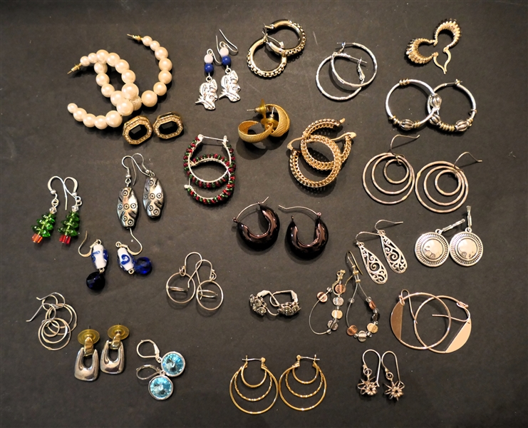 26 Pairs of Earrings - Hoops, Pearls, Costume, Sterling Silver, and Handmade